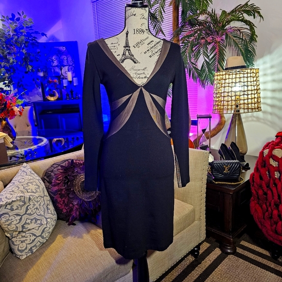 BCBGMAXAZRIA Women’s Black Mesh Inset V-Neck Cocktail Dress size XS - Picture 1 of 9